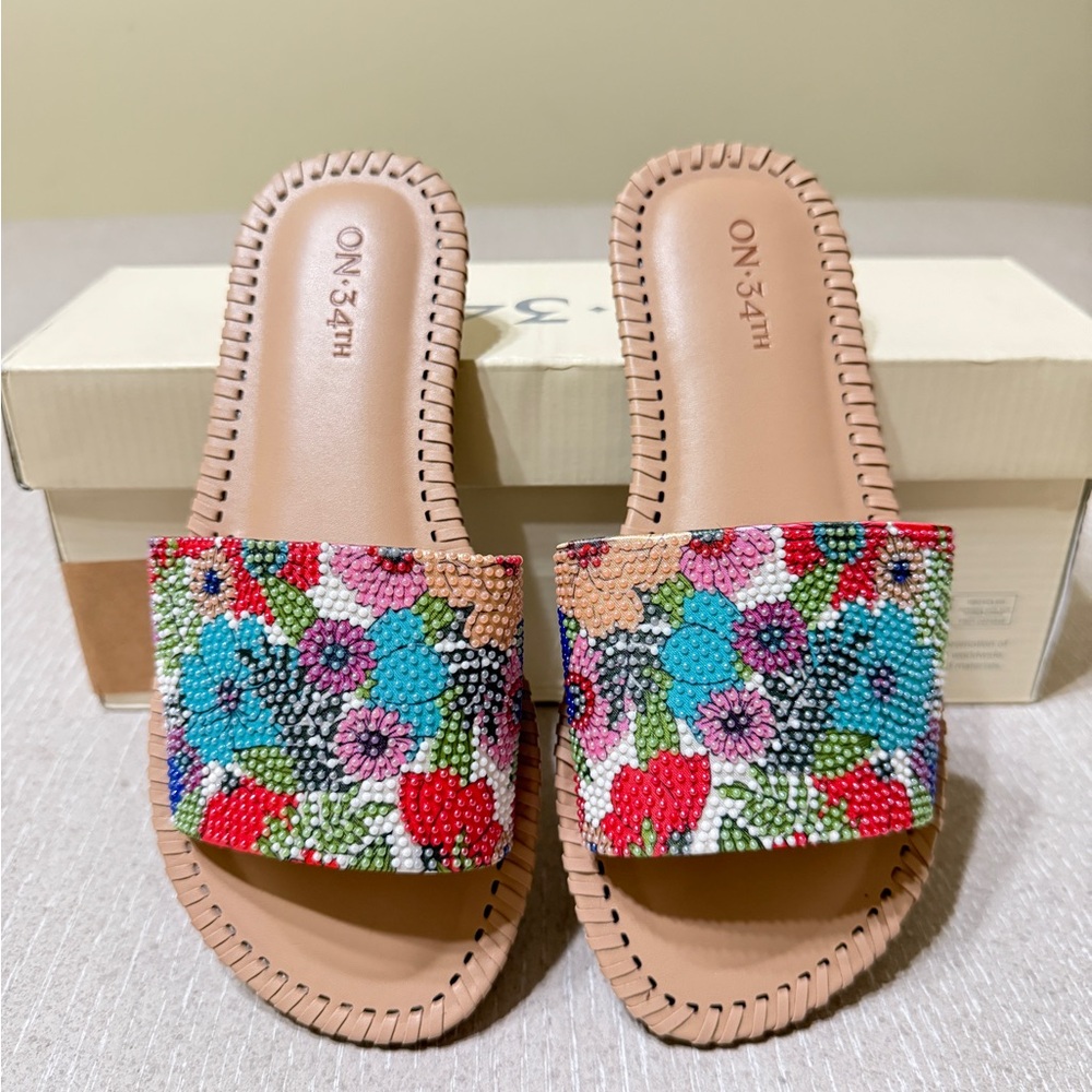 On 34th Mavise Floral Beaded Tan Slide Sandals